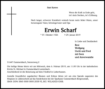 Anzeige von Erwin Scharf von Kölner Stadt-Anzeiger / Kölnische Rundschau / Express