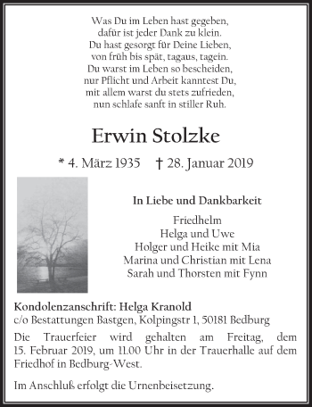 Anzeige von Erwin Stolzke von  Werbepost 