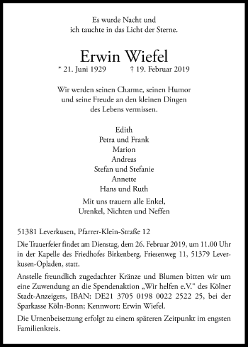 Anzeige von Erwin Wiefel von Kölner Stadt-Anzeiger / Kölnische Rundschau / Express