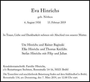 Anzeige von Eva Hinrichs von Kölner Stadt-Anzeiger / Kölnische Rundschau / Express