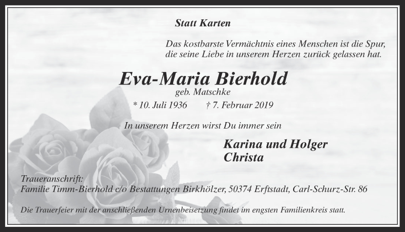  Traueranzeige für Eva-Maria Bierhold vom 27.02.2019 aus  Werbepost 