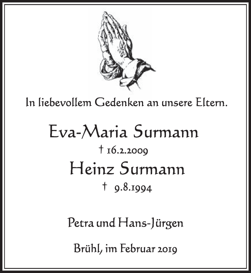  Traueranzeige für Eva-Maria Surmann vom 13.02.2019 aus  Schlossbote/Werbekurier 