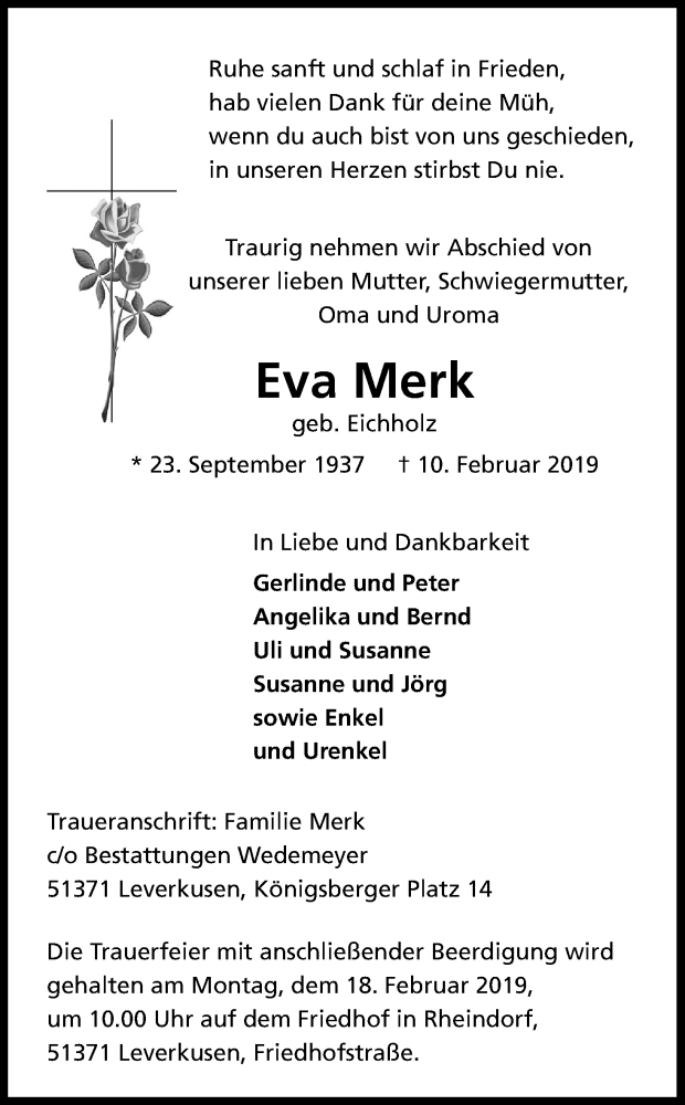  Traueranzeige für Eva Merk vom 16.02.2019 aus Kölner Stadt-Anzeiger / Kölnische Rundschau / Express