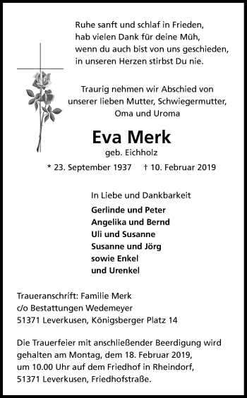 Anzeige von Eva Merk von Kölner Stadt-Anzeiger / Kölnische Rundschau / Express