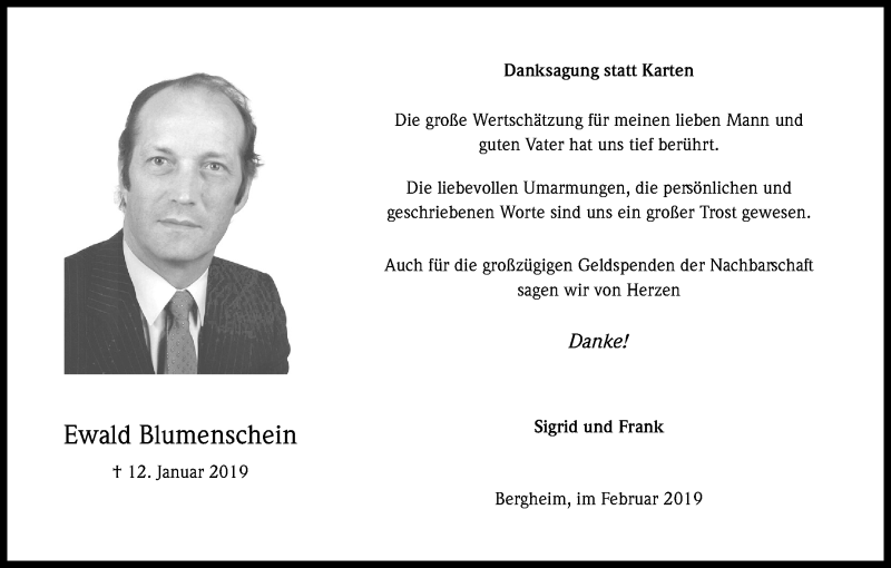  Traueranzeige für Ewald Blumenschein vom 27.02.2019 aus Kölner Stadt-Anzeiger / Kölnische Rundschau / Express