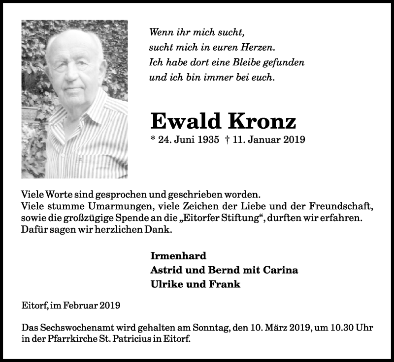  Traueranzeige für Ewald Kronz vom 23.02.2019 aus Kölner Stadt-Anzeiger / Kölnische Rundschau / Express