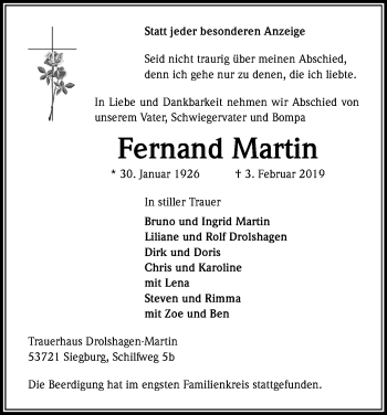 Anzeige von Fernand Martin von Kölner Stadt-Anzeiger / Kölnische Rundschau / Express