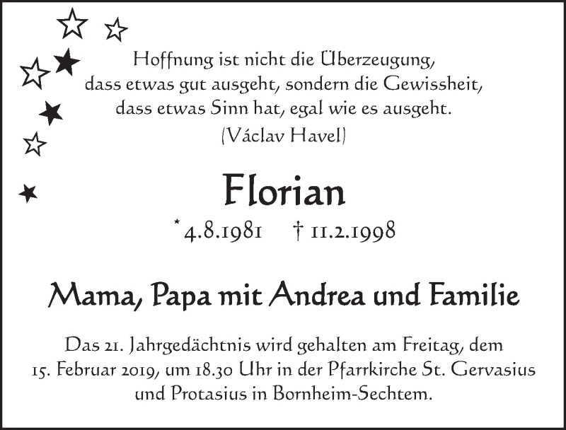  Traueranzeige für Florian  vom 13.02.2019 aus  Schlossbote/Werbekurier 