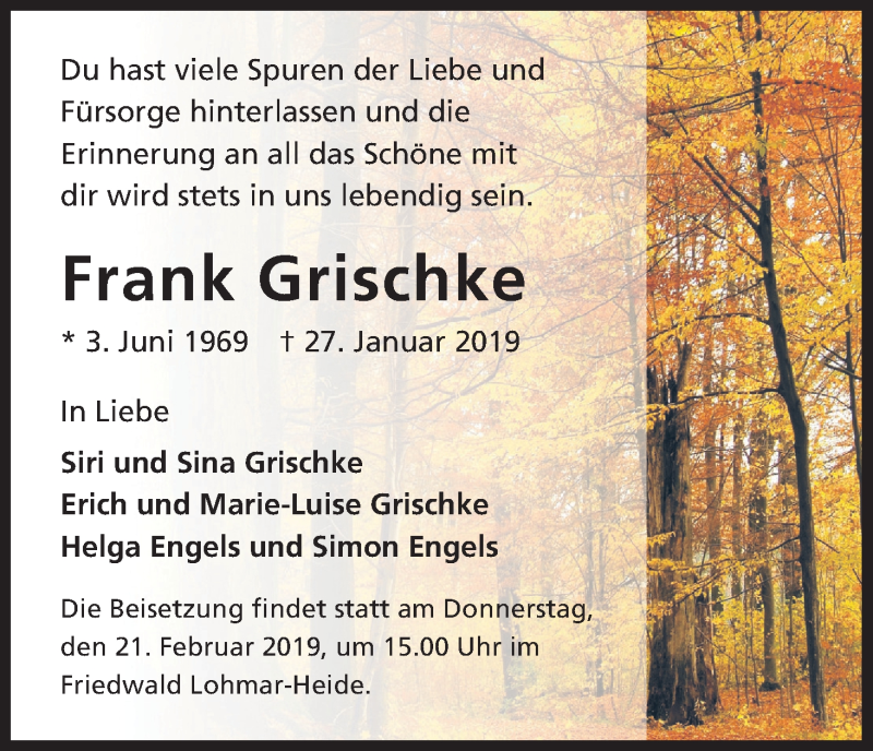  Traueranzeige für Frank Grischke vom 16.02.2019 aus Kölner Stadt-Anzeiger / Kölnische Rundschau / Express