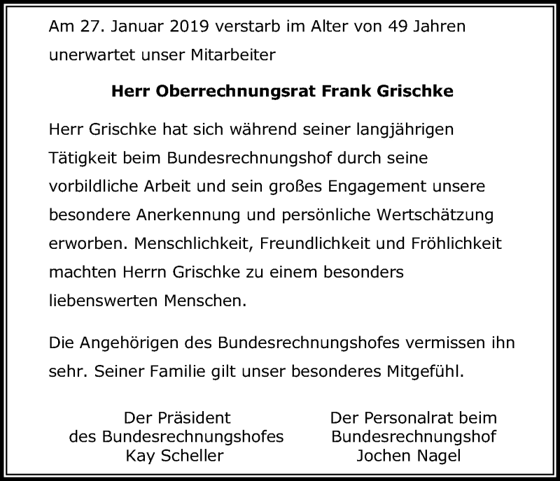  Traueranzeige für Frank Grischke vom 16.02.2019 aus Kölner Stadt-Anzeiger / Kölnische Rundschau / Express