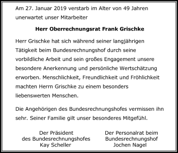 Anzeige von Frank Grischke von Kölner Stadt-Anzeiger / Kölnische Rundschau / Express