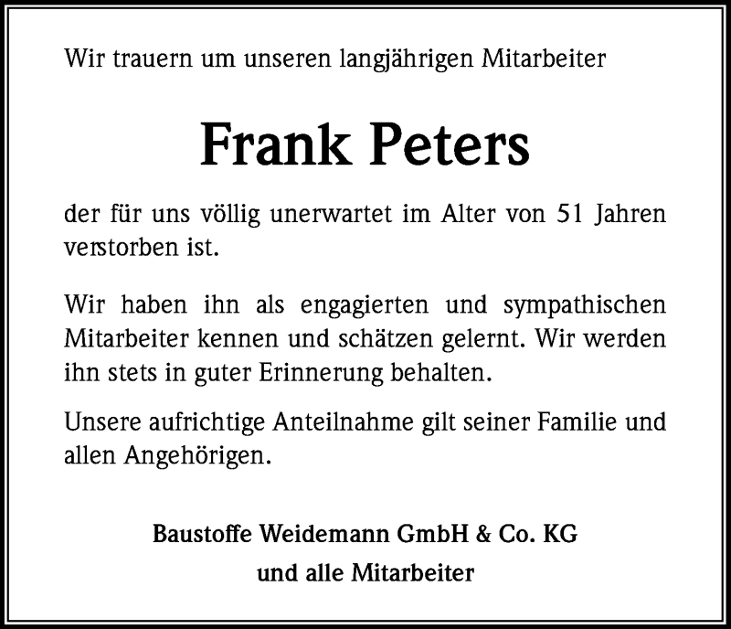  Traueranzeige für Frank Peters vom 09.02.2019 aus Kölner Stadt-Anzeiger / Kölnische Rundschau / Express