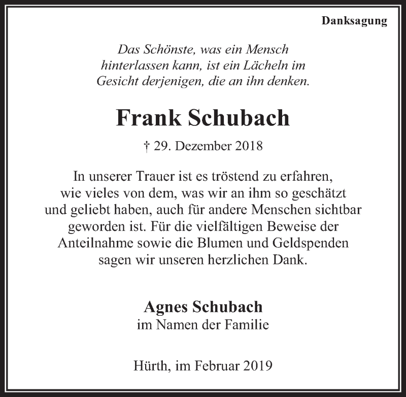  Traueranzeige für Frank Schubach vom 06.02.2019 aus  Wochenende 