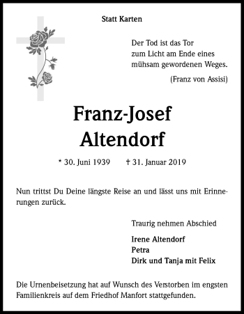 Anzeige von Franz-Josef Altendorf von Kölner Stadt-Anzeiger / Kölnische Rundschau / Express
