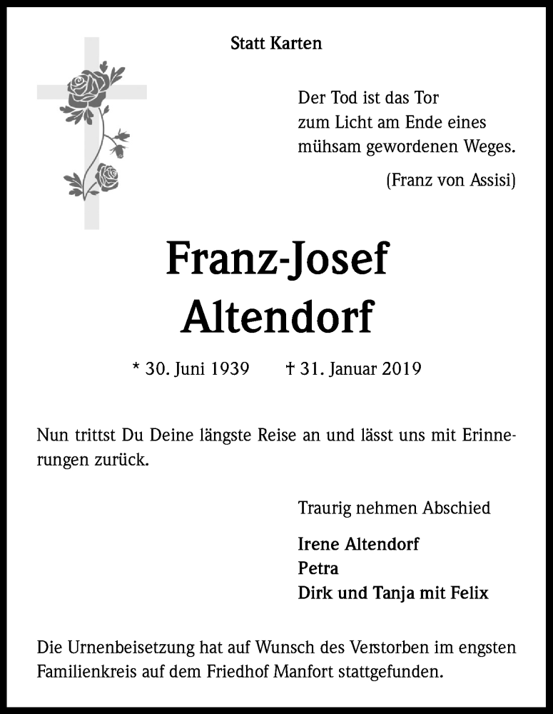 Traueranzeige für Franz-Josef Altendorf vom 16.02.2019 aus Kölner Stadt-Anzeiger / Kölnische Rundschau / Express