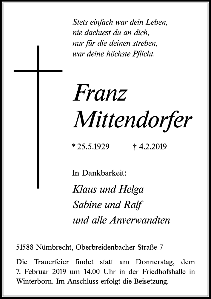  Traueranzeige für Franz Mittendorfer vom 06.02.2019 aus  Lokalanzeiger 