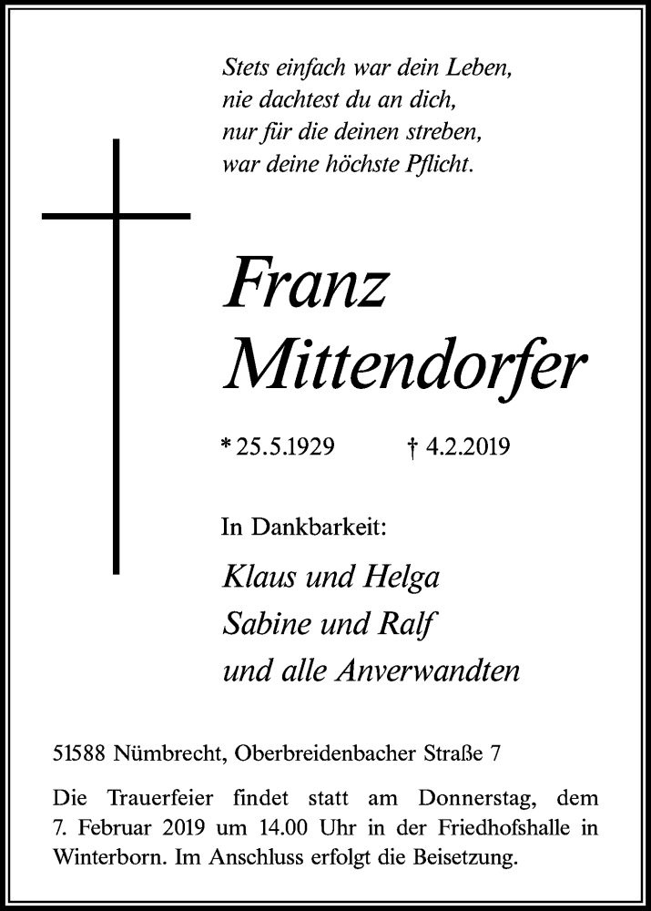 Traueranzeige für Franz Mittendorfer vom 05.02.2019 aus Kölner Stadt-Anzeiger / Kölnische Rundschau / Express