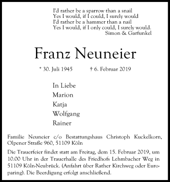Anzeige von Franz Neuneier von Kölner Stadt-Anzeiger / Kölnische Rundschau / Express