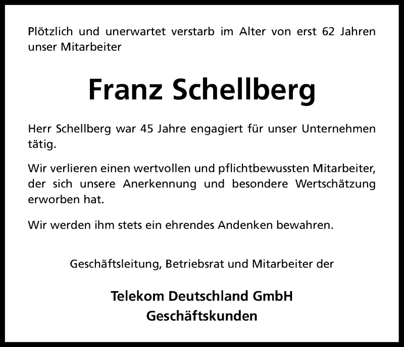  Traueranzeige für Franz Schellberg vom 02.02.2019 aus Kölner Stadt-Anzeiger / Kölnische Rundschau / Express