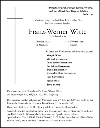 Anzeige von Franz-Werner Witte von Kölner Stadt-Anzeiger / Kölnische Rundschau / Express
