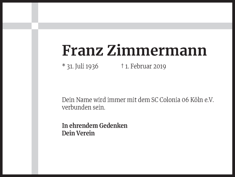  Traueranzeige für Franz Zimmermann vom 16.02.2019 aus Kölner Stadt-Anzeiger / Kölnische Rundschau / Express