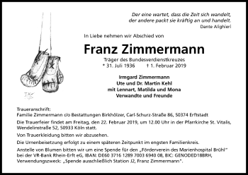 Anzeige von Franz Zimmermann von Kölner Stadt-Anzeiger / Kölnische Rundschau / Express