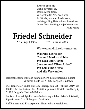 Anzeige von Friedel Schneider von Kölner Stadt-Anzeiger / Kölnische Rundschau / Express