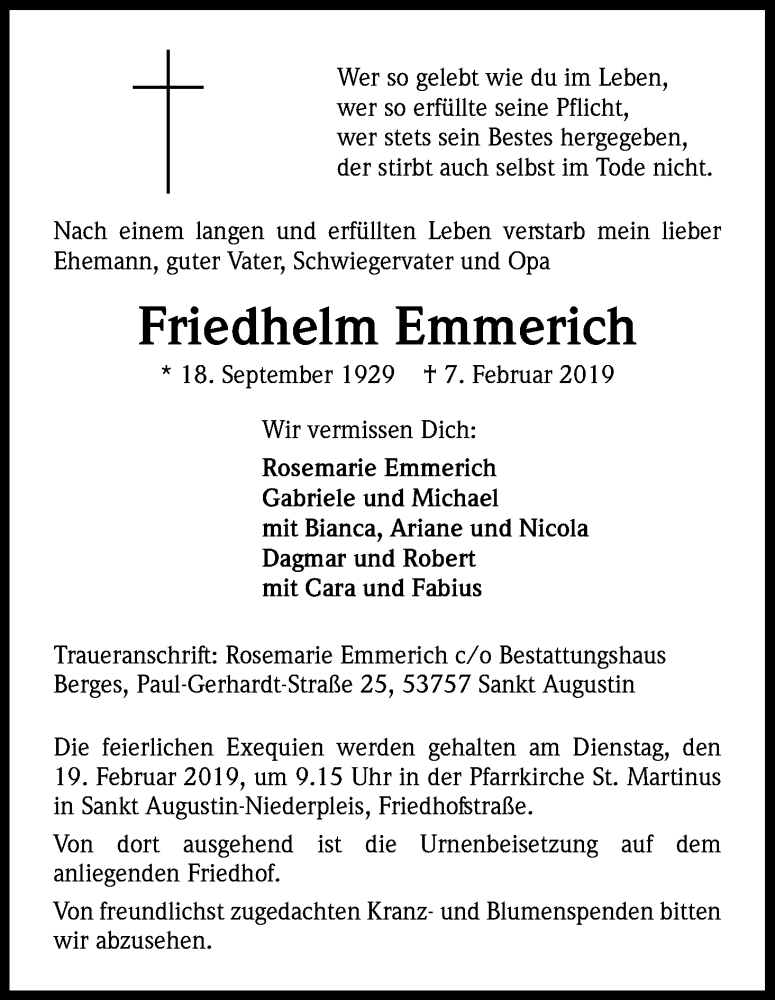 Traueranzeige für Friedhelm Emmerich vom 13.02.2019 aus Kölner Stadt-Anzeiger / Kölnische Rundschau / Express