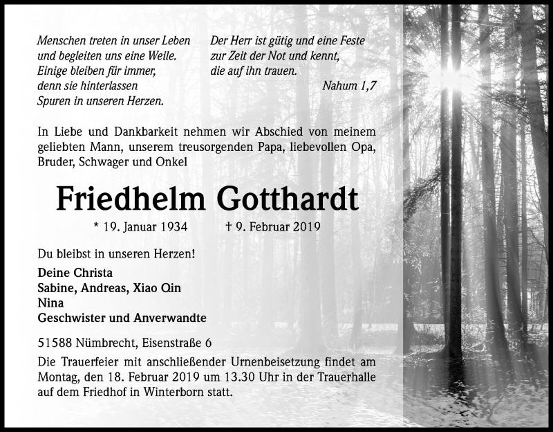  Traueranzeige für Friedhelm Gotthardt vom 14.02.2019 aus Kölner Stadt-Anzeiger / Kölnische Rundschau / Express
