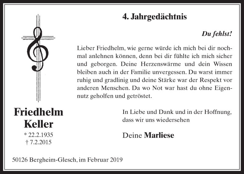  Traueranzeige für Friedhelm Keller vom 13.02.2019 aus  Werbepost 