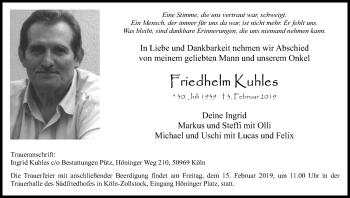 Anzeige von Friedhelm Kuhles von Kölner Stadt-Anzeiger / Kölnische Rundschau / Express