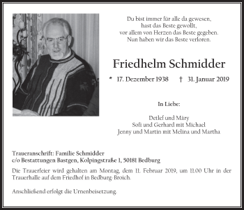 Anzeige von Friedhelm Schmidder von  Werbepost 