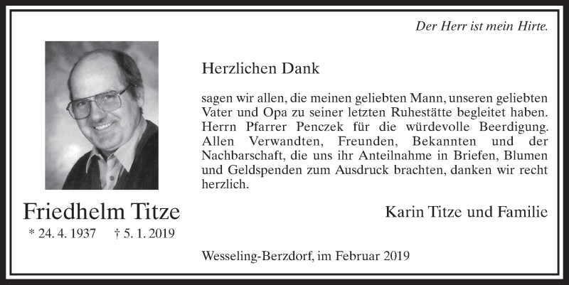  Traueranzeige für Friedhelm Titze vom 06.02.2019 aus  Schlossbote/Werbekurier 