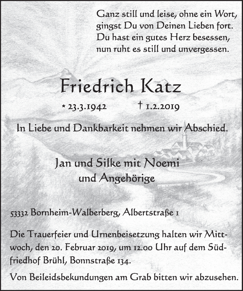  Traueranzeige für Friedrich Katz vom 13.02.2019 aus  Schlossbote/Werbekurier 