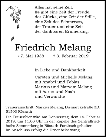 Anzeige von Friedrich Melang von Kölner Stadt-Anzeiger / Kölnische Rundschau / Express