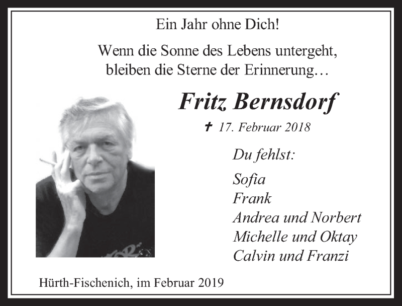  Traueranzeige für Fritz Bernsdorf vom 13.02.2019 aus  Wochenende 