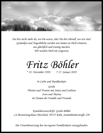 Anzeige von Fritz Böhler von Kölner Stadt-Anzeiger / Kölnische Rundschau / Express