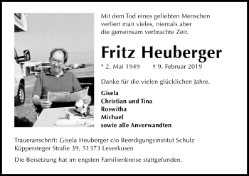 Anzeige von Fritz Heuberger von Kölner Stadt-Anzeiger / Kölnische Rundschau / Express