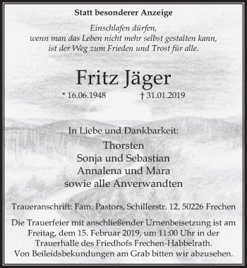 Anzeige von Fritz Jäger von  Wochenende 