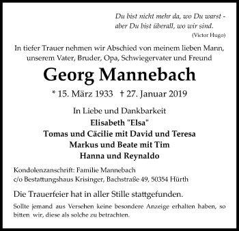 Anzeige von Georg Mannebach von Kölner Stadt-Anzeiger / Kölnische Rundschau / Express
