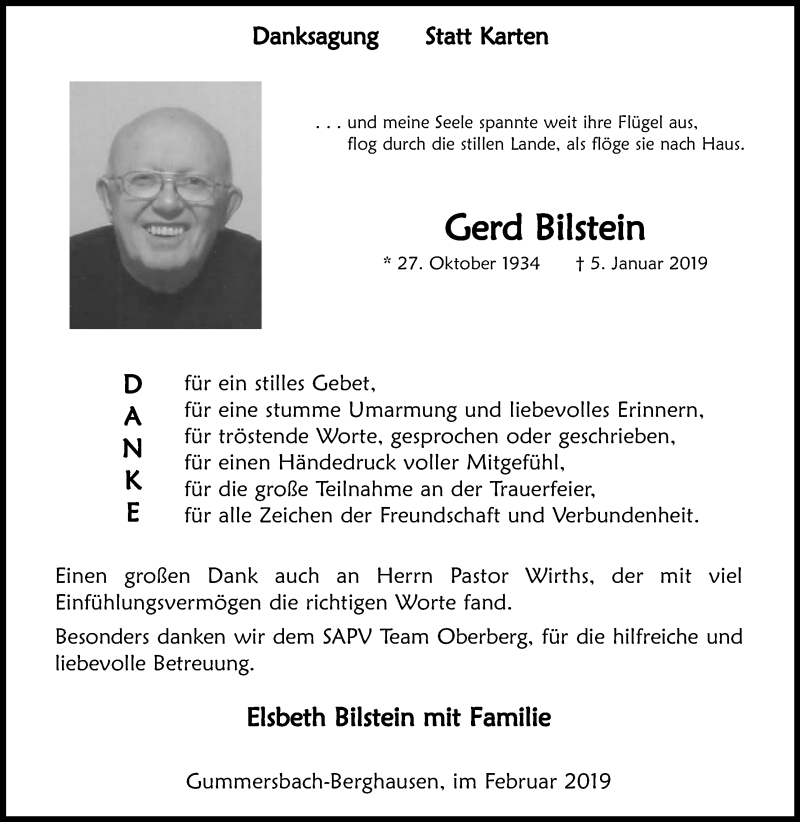  Traueranzeige für Gerd Bilstein vom 23.02.2019 aus Kölner Stadt-Anzeiger / Kölnische Rundschau / Express