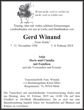 Anzeige von Gerd Winand von  Wochenende 