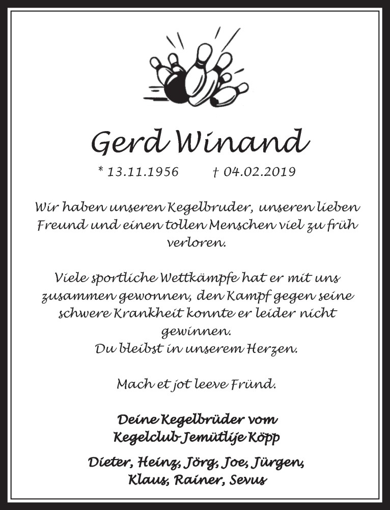  Traueranzeige für Gerd Winand vom 13.02.2019 aus  Wochenende 
