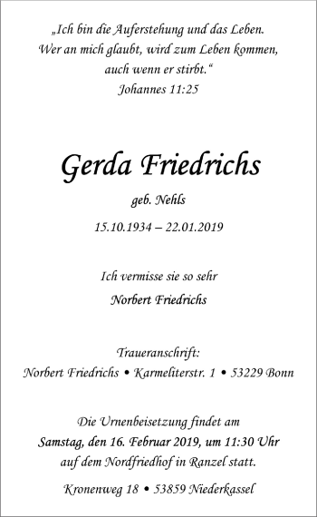 Anzeige von Gerda Friedrichs von  Rhein-Sieg-Wochenende 