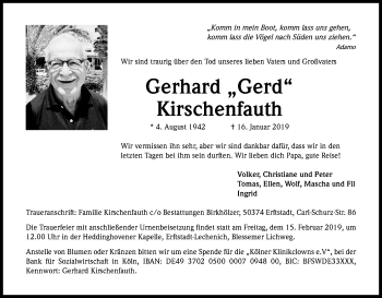Anzeige von Gerhard Kirschenfauth von Kölner Stadt-Anzeiger / Kölnische Rundschau / Express