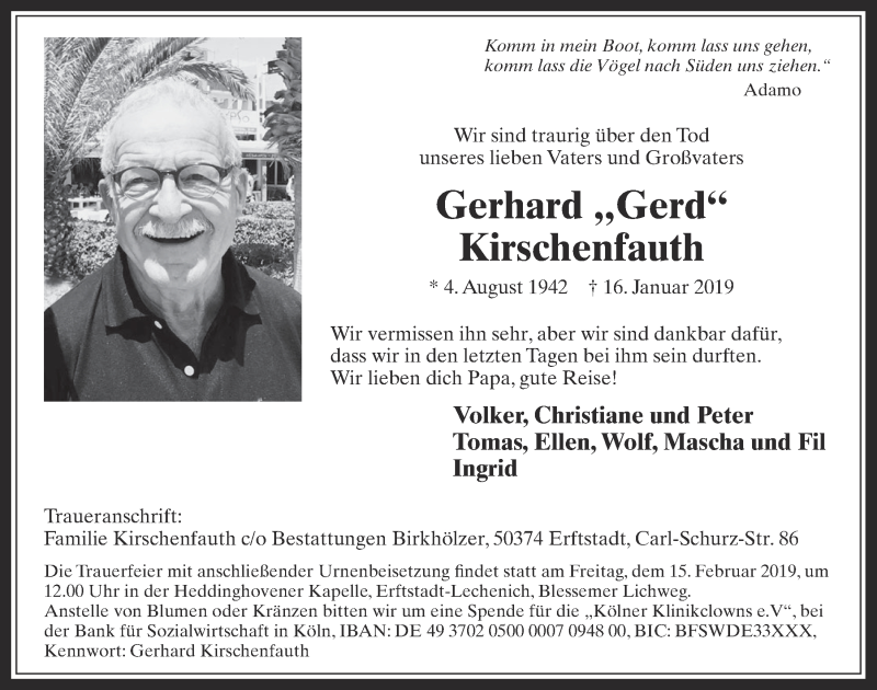  Traueranzeige für Gerhard Kirschenfauth vom 13.02.2019 aus  Werbepost 
