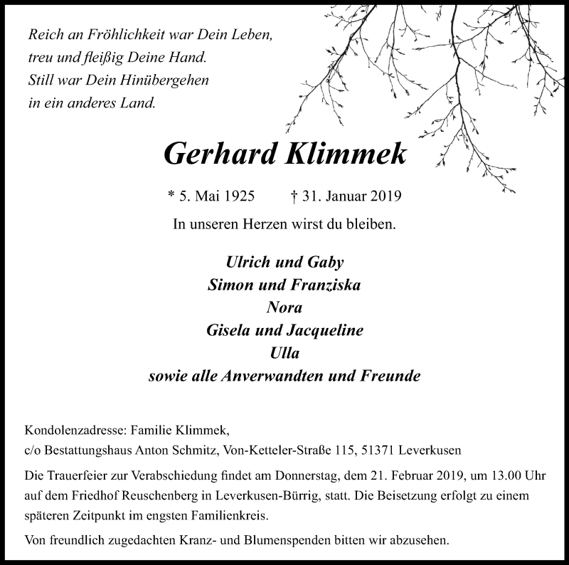  Traueranzeige für Gerhard Klimmek vom 16.02.2019 aus Kölner Stadt-Anzeiger / Kölnische Rundschau / Express
