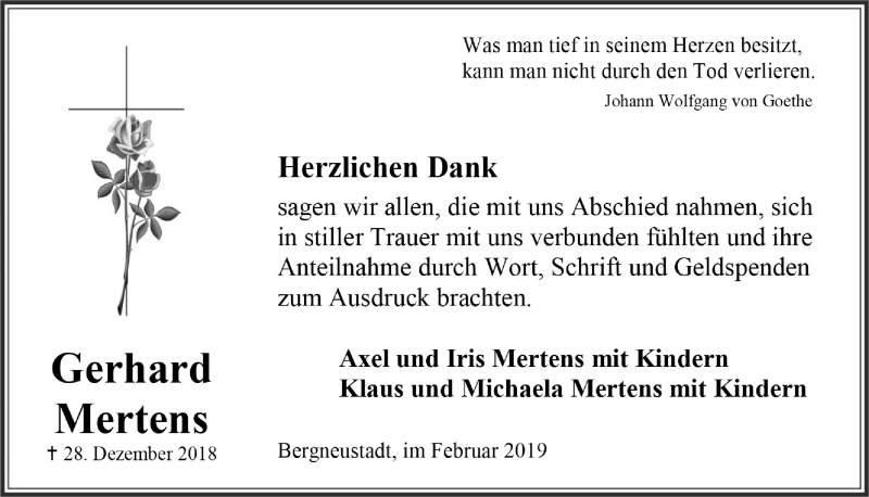  Traueranzeige für Gerhard Mertens vom 06.02.2019 aus  Anzeigen Echo 