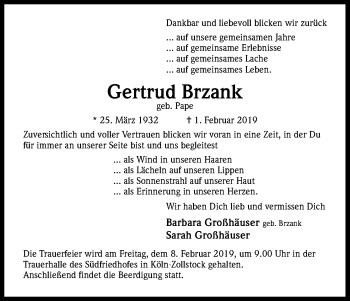 Anzeige von Gertrud Brzank von Kölner Stadt-Anzeiger / Kölnische Rundschau / Express