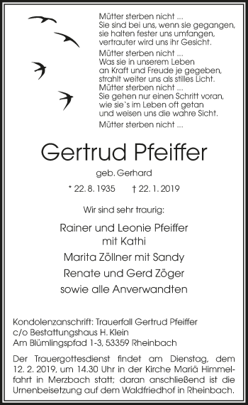 Anzeige von Gertrud Pfeiffer von  Schaufenster/Blickpunkt 